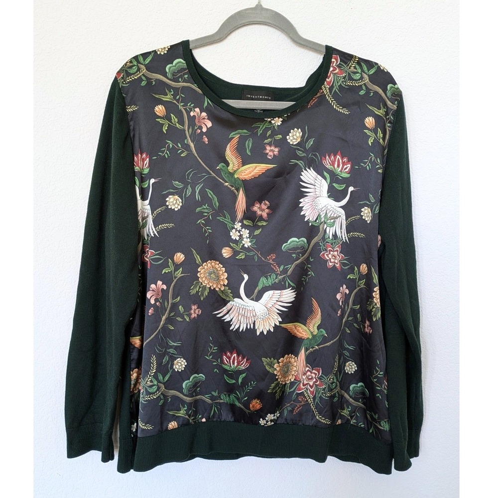 Investments Crane Floral Mixed Media Sweater Womens XL Green Bird Print Pullover